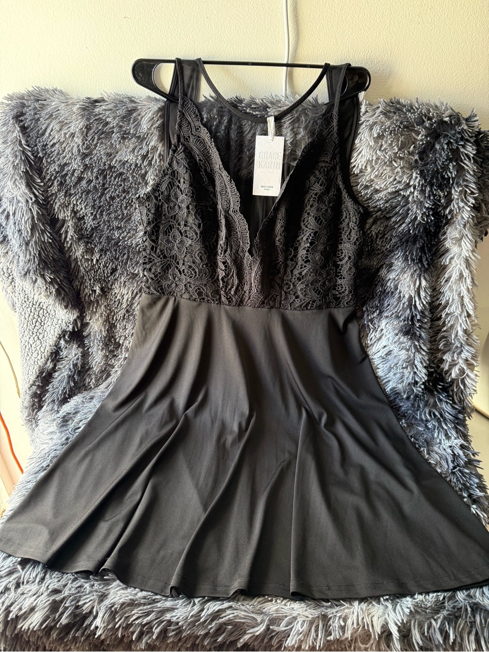 Grace Karin Black Lace V-Neck Sleep Chemise Dress
